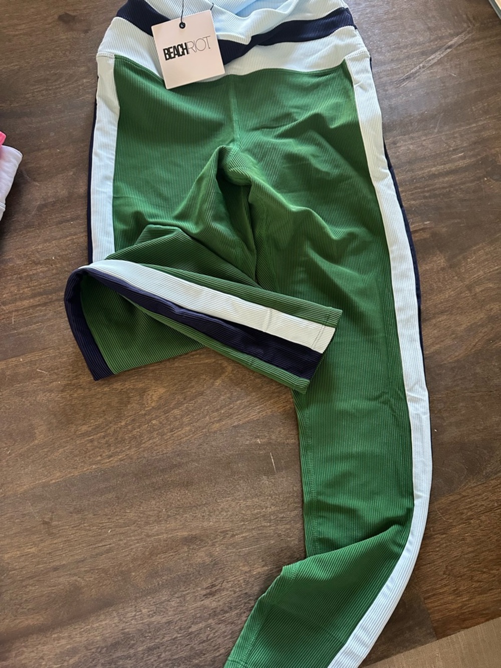 Beach Riot Green Ribbed Track Pants with White and Navy Stripes
